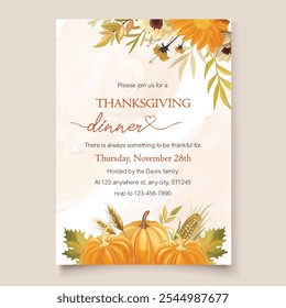 Thanksgiving dinner invitation template with autumn flowers and fall harvest elements, perfect for festive celebrations.