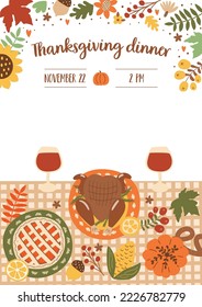 Thanksgiving dinner invitation template with thanksgiving table set, food, turkey, pumpkin pie, wine. Floral autumn party poster, fall dinner invite, sunflowers. Give thanks vector illustration banner