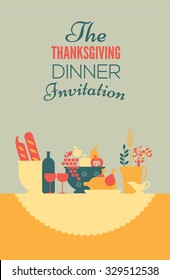 Thanksgiving Dinner Invitation Template With Table Setting And Blank Space For Text.