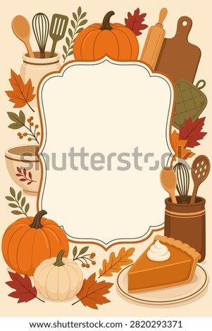 Thanksgiving dinner invitation vector with autumn kitchen utensils, cooking elements, pumpkins, and blank menu or dinner details area
