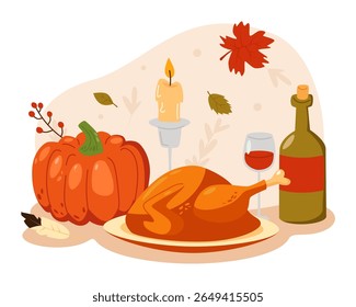 Jantar de Ação de Graças com peru assado inteiro, abóbora, garrafa de vinho e vidro, vela, folhas de outono na mesa de férias. Cena de comida de outono estilo desenhos animados. Ilustração de vetor isolado plano.