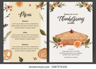 Thanksgiving dinner menu template with flower, autumn leaves and food illustration. menu card with pie, pretzel and orange slice illustration.
