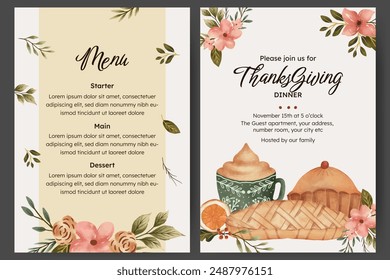 Thanksgiving dinner menu template with flower, autumn leaves and food illustration. menu card with pie, hit drink and orange slice illustration.