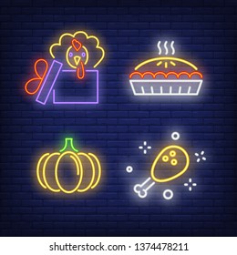 Thanksgiving dinner neon sign set. Turkey in gift box, pumpkin pie, poultry. Colorful billboard, bright banner. Vector illustration in neon style for topics like autumn and harvest season