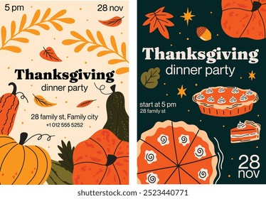 Thanksgiving dinner party flyer collection. Autumn vector illustration set for holiday celebration with pumpkin pie, fall leaves. Design concept, social media post, banner templates, invitations