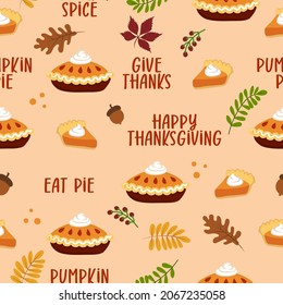 Thanksgiving dinner pattern - hand drawn cartoon pumpkin pie and leaves pattern. Vector illustrations of a festive table with a pie, pumpkin, turkey and objects for a card, background.