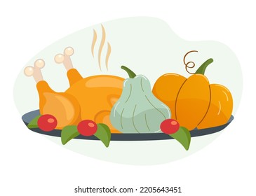 Thanksgiving Dinner. Postcard, background, poster. Vector illustration of roasted turkey or grilled chicken, pumpkin with vegetables on a tray isolated on background. Traditional holiday table, food.