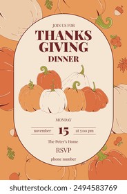 Thanksgiving dinner poster. Holiday invitation with pumpkins and fall leaves. Vector illustration. 
