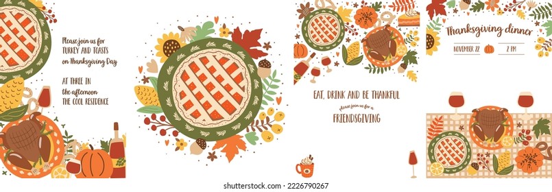 Thanksgiving dinner poster set with thanksgiving turkey, pumpkin pie, food, thanksgiving dinner table card. Friendsgiving autumn festival floral invites collection. Cute fall vector illustration.