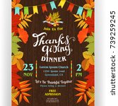 Thanksgiving dinner poster template. Text customized for invitation. Colorful borders from autumn season leaves. Flags garland. Ornate background. November holidays theme. Vector illustration.