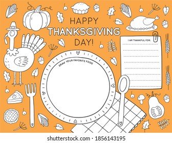 Thanksgiving Dinner Printable Placematfor kids table. Thanksgiving worksheets coloring page for kids. Thanksgiving activity page