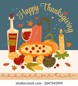 Thanksgiving dinner with pumpkin pie vector flat graphic design illustration