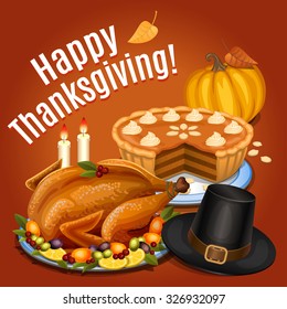 Thanksgiving dinner, roast turkey on platter with garnish, orange pumpkin, pumpkin pie, piligrim hat. Vector illustration