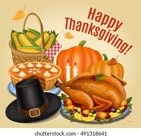 Thanksgiving dinner, roast turkey on platter with garnish, orange pumpkin, pumpkin pie, piligrim hat. Vector illustration