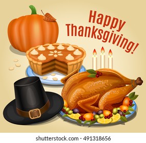 Thanksgiving dinner, roast turkey on platter with garnish, orange pumpkin, pumpkin pie, piligrim hat. Vector illustration