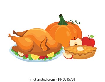 Thanksgiving Dinner With Roasted Turkey And Apple Pie Icon Vector. Traditional Thanksgiving Food Icon Isolated On A White Background. Thanksgiving Autumn Decoration Icon. Autumn Food Still Life Vector