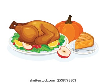 Thanksgiving dinner with roasted turkey and pumpkin pie vector illustration. Roasted turkey with garnish on a plate and a piece of sweet pie icon vector isolated on a white background