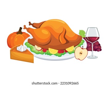 Thanksgiving dinner and roasted turkey still life icon vector  Festive thanksgiving dinner and turkey meat  red wine drink   sweet pumpkin pie icon isolated white background