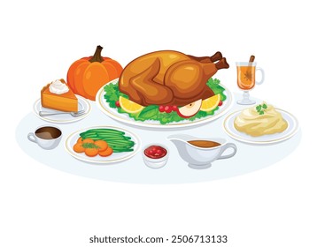 Thanksgiving dinner with roasted turkey, vegetables, mashed potatoes, pumpkin pie, gravy, cranberry vector illustration. Thanksgiving dinner foods menu icon set. Roasted turkey with garnish on a plate