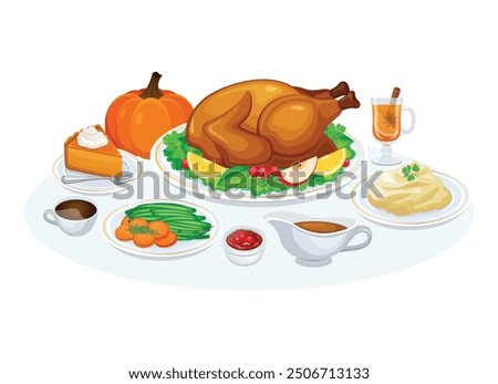Thanksgiving dinner with roasted turkey, vegetables, mashed potatoes, pumpkin pie, gravy, cranberry vector illustration. Thanksgiving dinner foods menu icon set. Roasted turkey with garnish on a plate