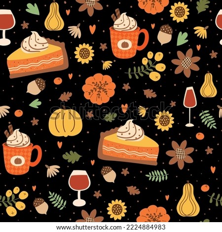 Thanksgiving dinner seamless pattern with pumpkin pie slice, pumpkin spice latte, autumn leaves, sunflower, pumpkins cute cartoon dark repeat background. Thanksgiving food vector illustration.