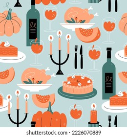 Thanksgiving dinner seamless pattern with pumpkins, turkey, wine bottle and pies. Autumn repeating background.