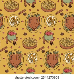 Thanksgiving dinner seamless pattern with roasted turkey, cranberry sauce, glazed carrots and apple pie, showcasing the spirit of family time. Vector hand drawn doodle illustrations