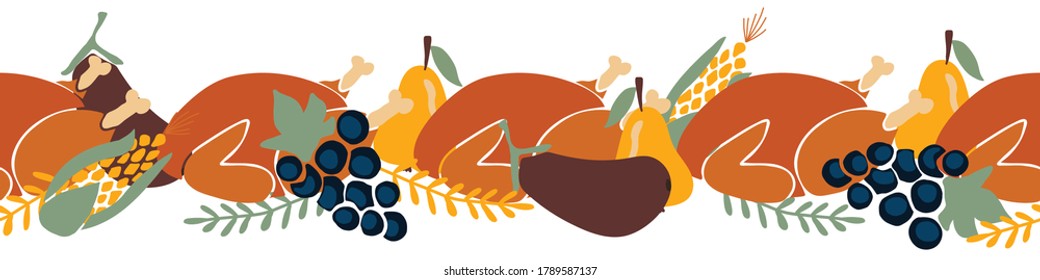Thanksgiving Dinner seamless vector border. Roasted turkey horizontal repeating pattern. Thanksgiving Food design for greeting cards, footer, header, invite, ribbon, fabric trim, Christmas