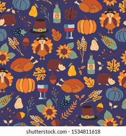 Thanksgiving dinner seamless vector pattern with pumpkins, hats, sunflowers, turkey, hedgehog, wine bottle, and leaves. Autumn repeating background for holiday party invitation card, fabric, packaging