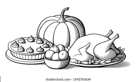 Thanksgiving Dinner Table. Big Pumpkin, Roast Turkey With Garnish, Pumpkin Pie With Cream And Bawl Of Apples. Black And White Stylized Vector Illustration, Isolated On White Background