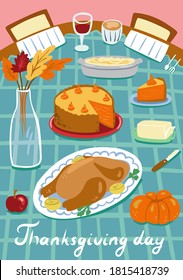 Thanksgiving dinner table with festive treats (turkey, pumpkin pie) on a 
checkered tablecloth. Thanksgiving day card with text. Hand drawn flat vector illustration.