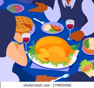 Thanksgiving dinner table with food, roasted turkey. Celebration feast party. People celebrate Turkey day. Cartoon illustration.
