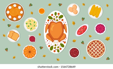 Thanksgiving dinner with traditional dishes, turkey with vegetables, corn, cranberry sauce etc. Top view horizontal vector illustration with autumn leaves on table. Isolated background.