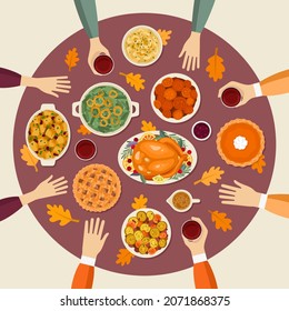 Thanksgiving dinner. Traditional festive food, table top view vector illustration.