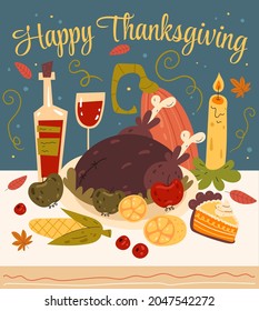 Thanksgiving Dinner With Turkey And Pumpkin Vector Flat Graphic Design Illustration