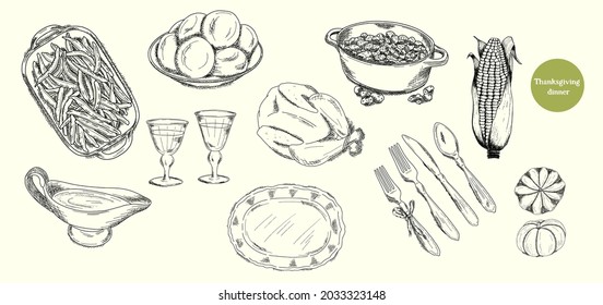 Thanksgiving dinner, view. Food vector illustrations for tradition festive menu. Thanksgiving turkey, bfall seasonal vegetables, cranberry sauce, green beans, pumpkin, cutlery, glass, gravy and corn.