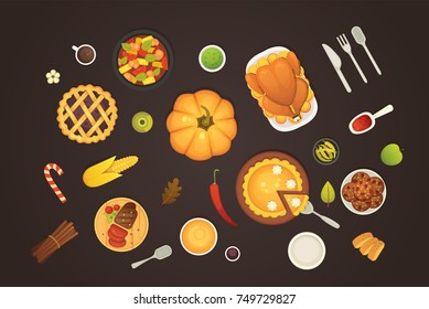 Thanksgiving Dish Menu Top View Table With Roasted Turkey Vector Cartoon. Pumpkin With Barry Pie And Meat. Vector Cartoon Illustration.