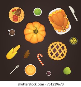 thanksgiving dish menu top view table with roasted turkey vector cartoon. Pumpkin with barry pie and meat. Vector cartoon illustration.