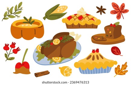 Thanksgiving dishes. Vector set of dishes with fresh ripe pumpkin, pastries, fruit pie, soup, turkey. A traditional autumn Thanksgiving dish. Autumn set for Halloween invitation, harvest, menu