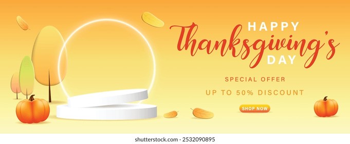 Thanksgiving Display Podium Decoration Background with Autumn leaves and empty minimal podium pedestal product display. Background or banner template for the design of Autumn and Fall Banners