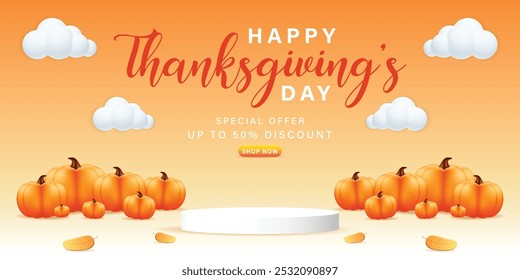 Thanksgiving Display Podium Decoration Background with Autumn leaves and empty minimal podium pedestal product display. Background or banner template for the design of Autumn and Fall Banners