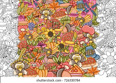 Thanksgiving doodle background. Black and white coloring page game. Vector illustration.