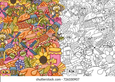 Thanksgiving doodle background. Black and white coloring page game. Vector illustration.