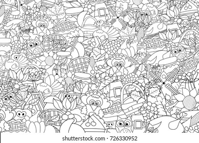 Thanksgiving Doodle Background. Black And White Coloring Page Game. Vector Illustration.