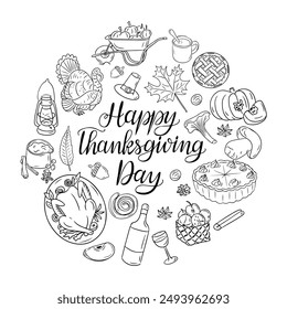 Thanksgiving doodle composition with calligraphic lettering in round. Monochrome vector contour stickers with food and related items isolated on white background. Could be used for coloring pages