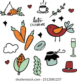 Thanksgiving doodle illustration collection set. Happy thanksgiving celebreation