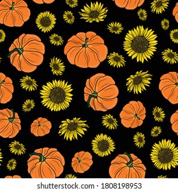 Thanksgiving doodle pumpkins, sunflower seamless pattern background design