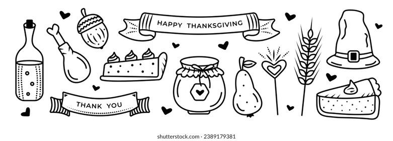 Thanksgiving doodle set, black and white vector illustrations