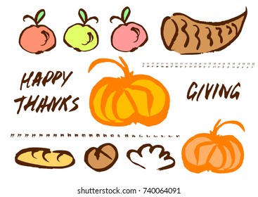 Thanksgiving doodle set of holiday elements for leaflet, flyer, pamphlet, poster, brochure, booklet design with hand drawn horn of plenty with harvest isolated on white background. Vector illustration
