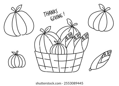 thanksgiving doodle set. Traditional symbol grateful with food, pumpkin, corn, turkey. Hand drawn vector illustrations